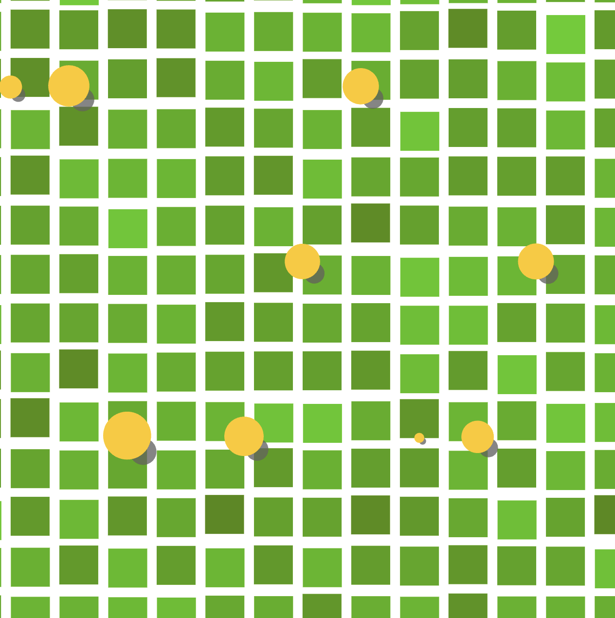 An array of squares slightly offset from one another in varying shades of green with occasional floating yellow circles obscuring the view
